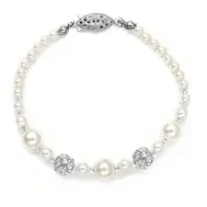 'Maisie' Dainty Bracelet with Pearls & Rhinestone Crystal Balls - Ivory or White