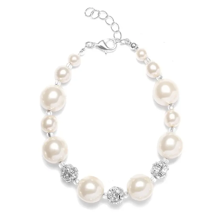 'Sophie' Pearl Wedding Bracelet with Rhinestone Crystal Balls - Golden Pearls