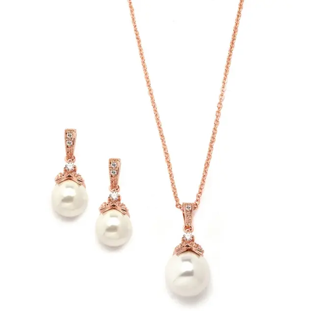 Forever' Rose Gold Pearl Drop Necklace & Earring Set With Vintage CZ -  Jewellery / Necklaces